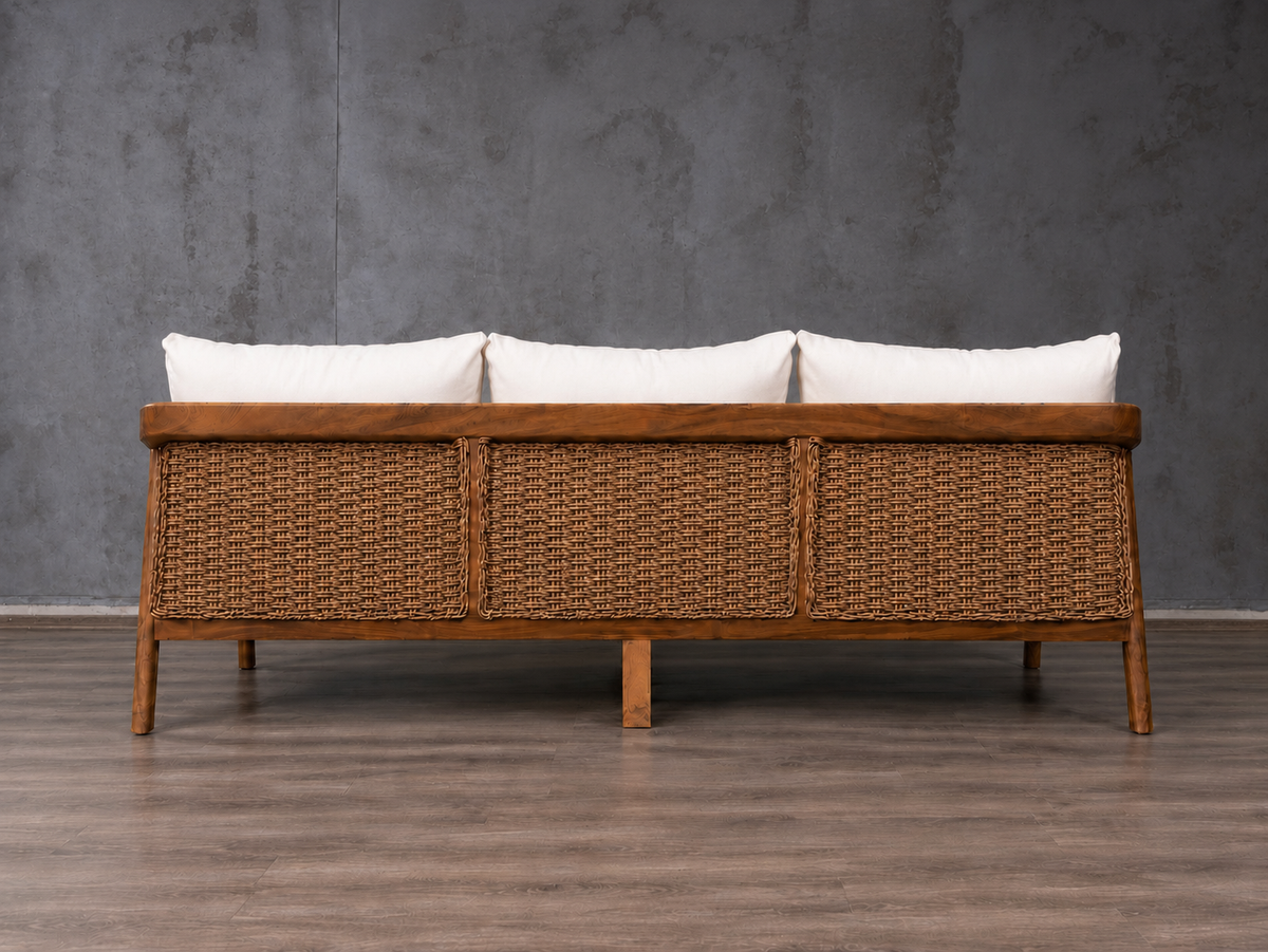 Sofá Caserta en Parota Tejido Ratán Torcido Beige Exterior