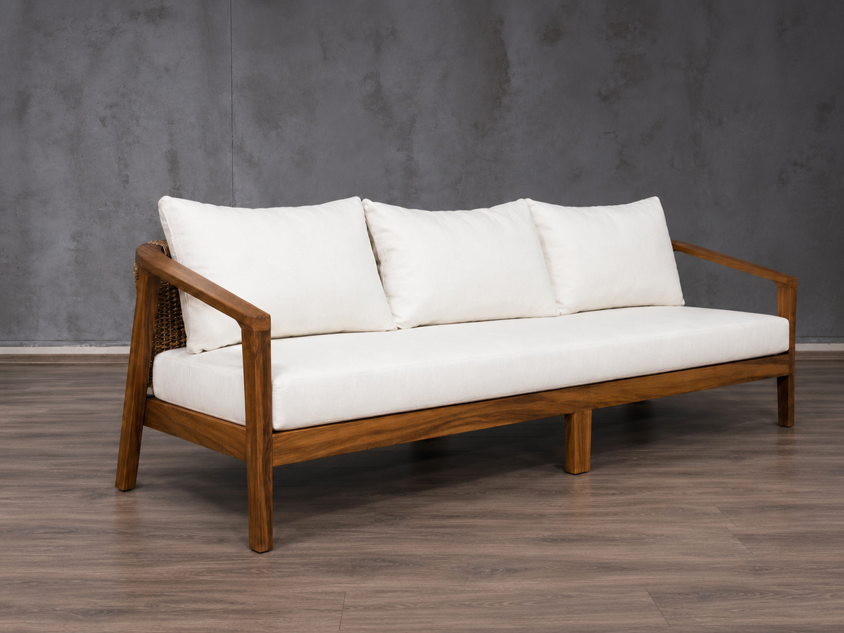 Sofá Caserta en Parota Tejido Ratán Torcido Beige Exterior